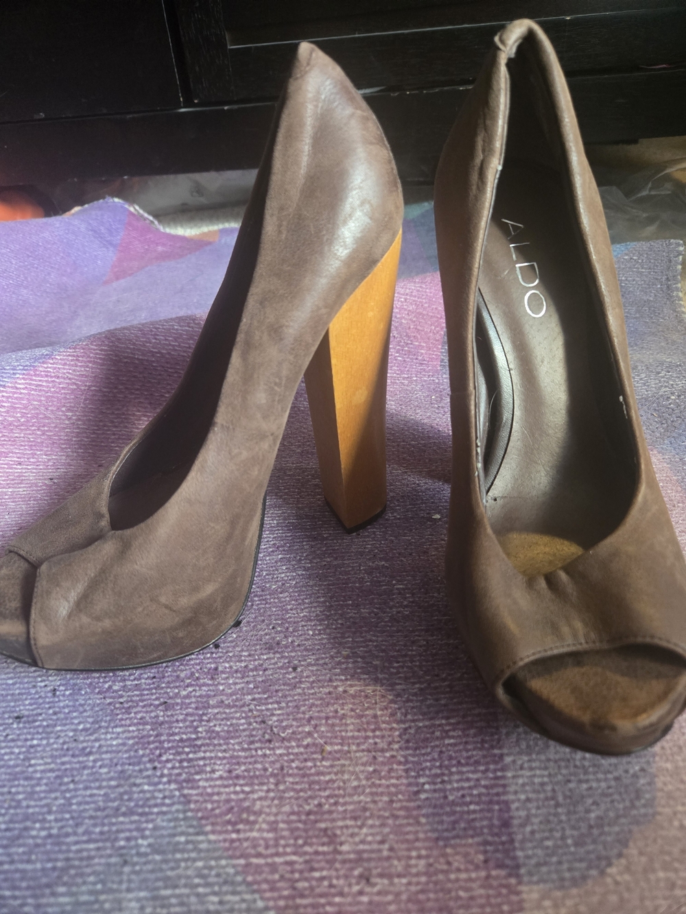 Aldo Brown Suede Peep-Toe Block Heels with Wood-Look Heel